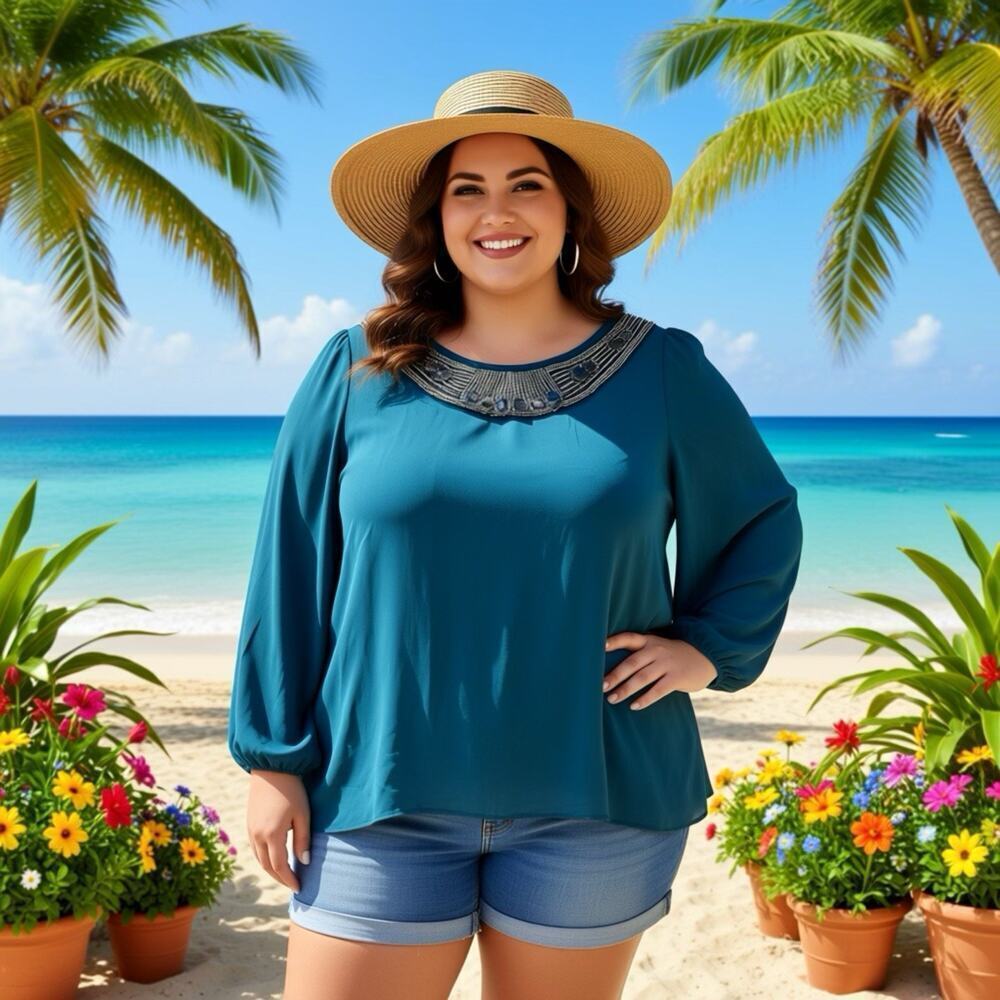 Maurices Sheer Blouse Plus Size 1X Blue Sequins Scoop Neck Strap Back Long Slvs
